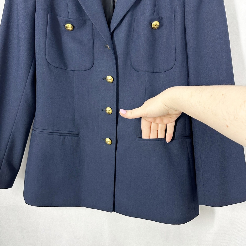Vintage Gino Sartore 100% Wool Navy Blue Gold‎ Button Blazer Women's Size 10 - Picture 2 of 13